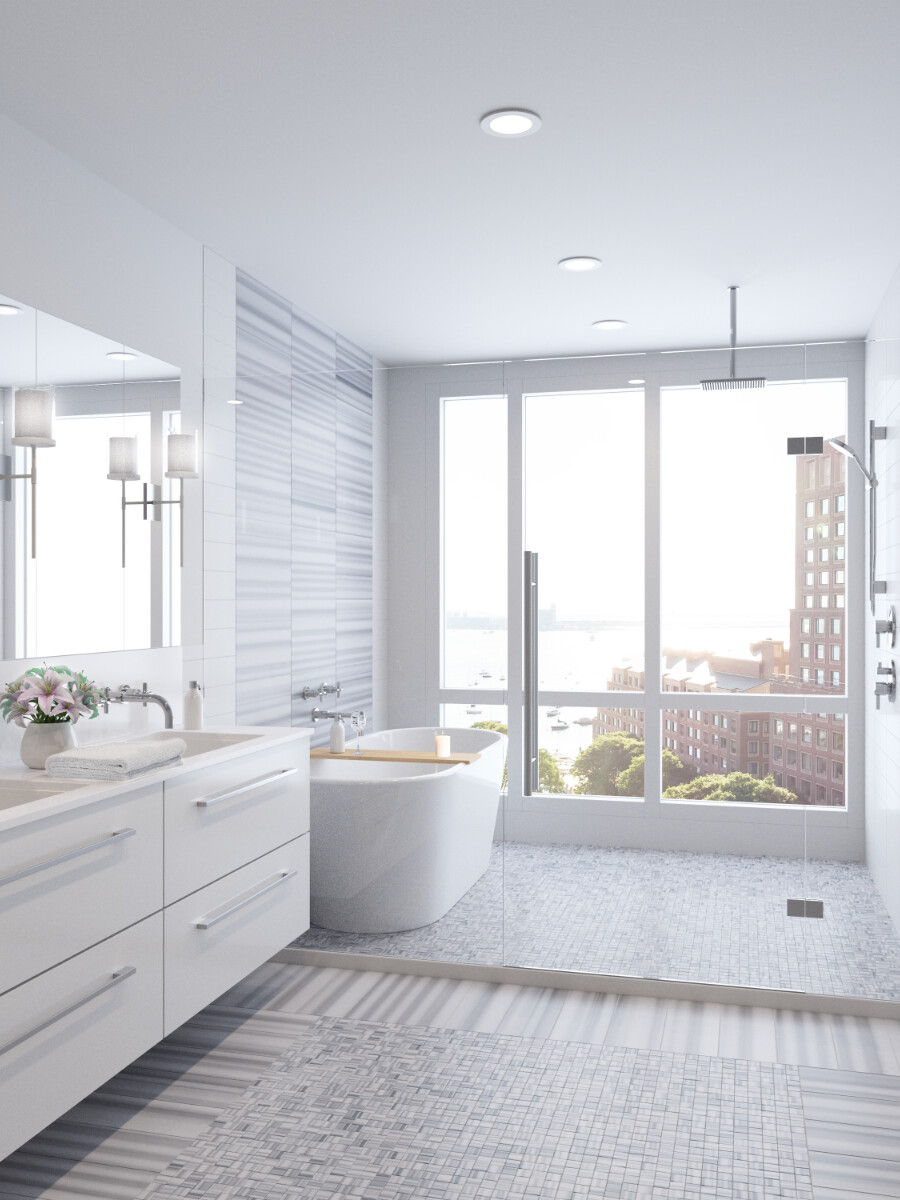 Architectural Rendering image of modern bathroom with large window